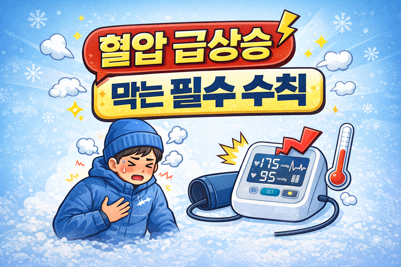 혈압 급상승 막는 필수 수칙 일러스트, 겨울 야외 운동과 혈압 관리 주의사항을 설명하는 2D 썸네일 이미지