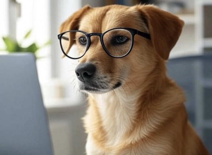 생산성을 높이기 위해 모니터에 집중하고 있는 강아지