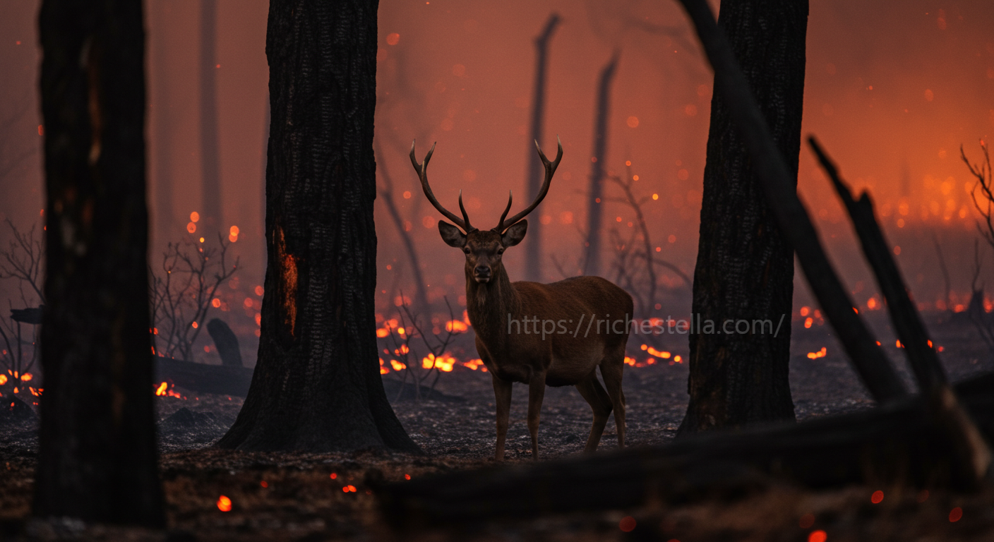 산불로 인해 갈 곳 을 잃은 사슴