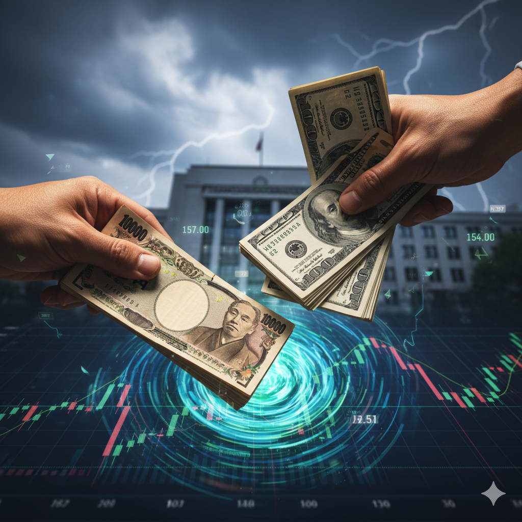 폭풍전야처럼 어둡고 번개가 치는 하늘을 배경으로, 두 손이 각각 일본 엔화(10,000엔) 뭉치와 미국 달러(100달러) 뭉치를 들고 서로 맞붙어 있는 근접 샷입니다. 화면 하단에는 푸른색의 원형 디지털 데이터 인터페이스가 빛나고 있으며, 그 위로 빨간색과 초록색의 환율 변동 차트가 복잡하게 얽혀 있습니다. 차트 사이사이에는 '157.00', '154.00'과 같은 환율 수치들이 떠 있어, 엔화 가치의 급격한 반등과 외환 시장의 치열한 대립을 역동적으로 표현하고 있습니다.