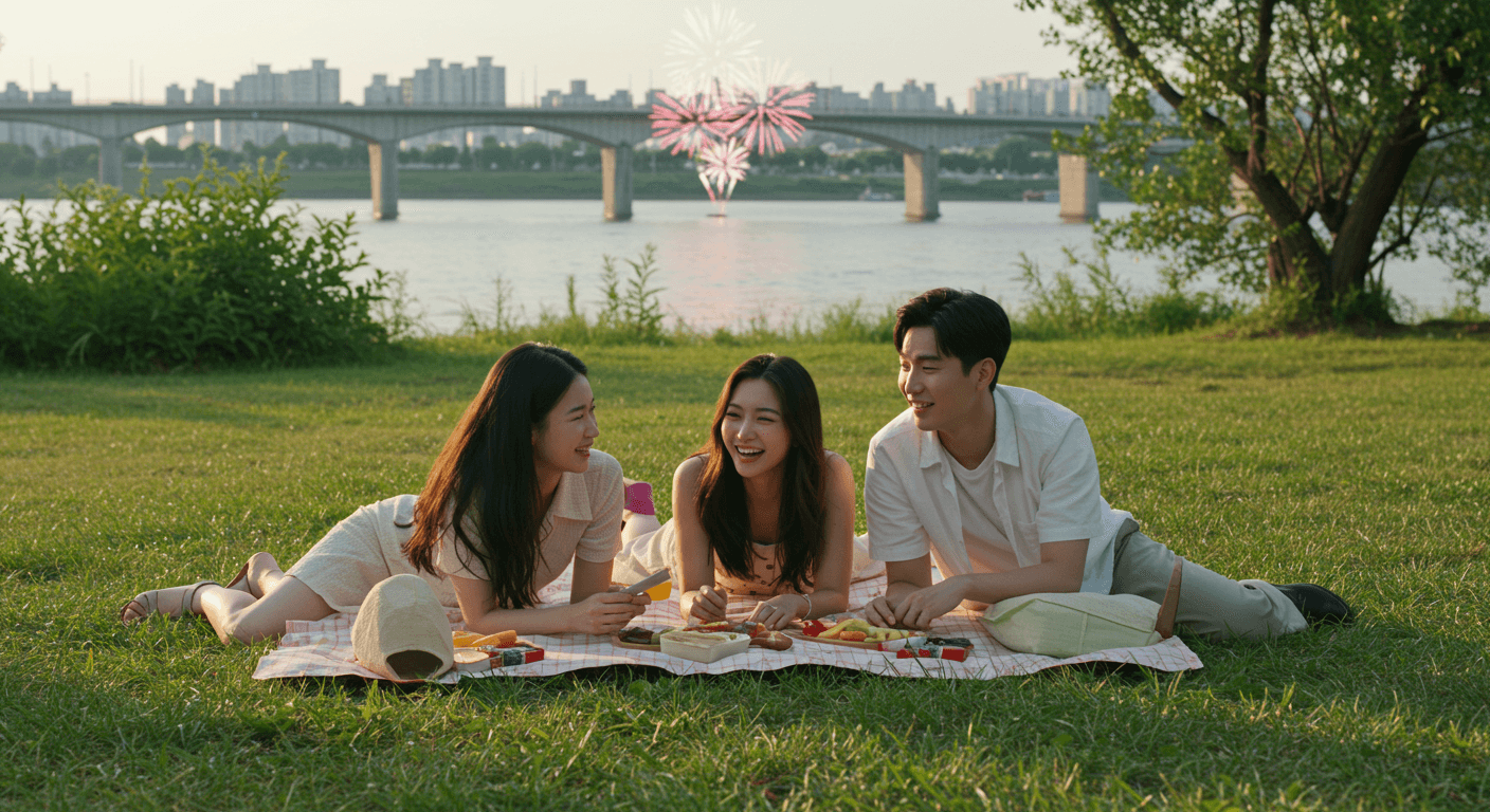 국인 친구들이 한강공원에서 돗자리를 펴고 불꽃 관람 명당을 미리 확보하는 모습 3