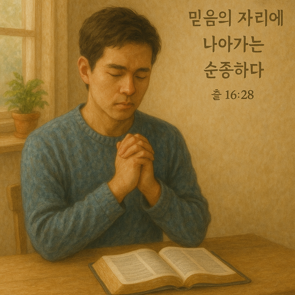 출 16:28 말씀을 보며 이스라엘 민족이 지속적으로 불순종하기 때문에 그들에게 주님께서 언제까지 불순종하며 순종하는 자리에 올 지를 말씀하고 계십니다. 순종의 자리에 나오는 것을 간절히 원하시는 주님을 바라보며 내 유익을 위해 순종하길 원하시는 주님의 마음을 생각하며&amp;#44; 오늘도 믿음의 자리에 나아가는 순종의 시도를 하는 모습입니다.