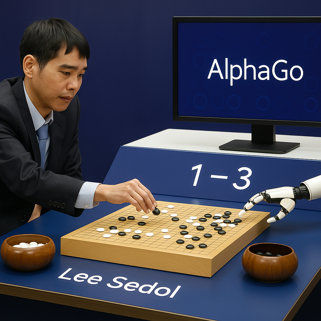 바둑판 앞에서 대국 중인 이세돌 9단과 알파고 경기 장면, 역사적인 인공지능과 인간의 맞대결.