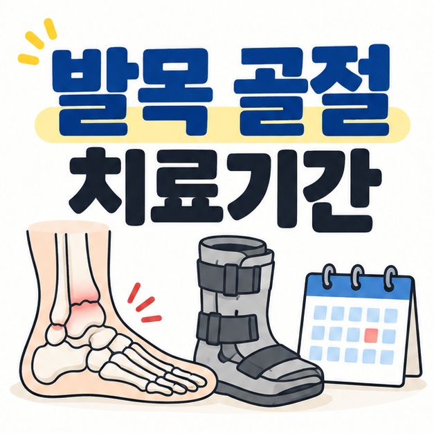 발목 골절 치료기간 문구와 발목뼈, 보호부츠, 달력 아이콘을 보여주는 대표 카드