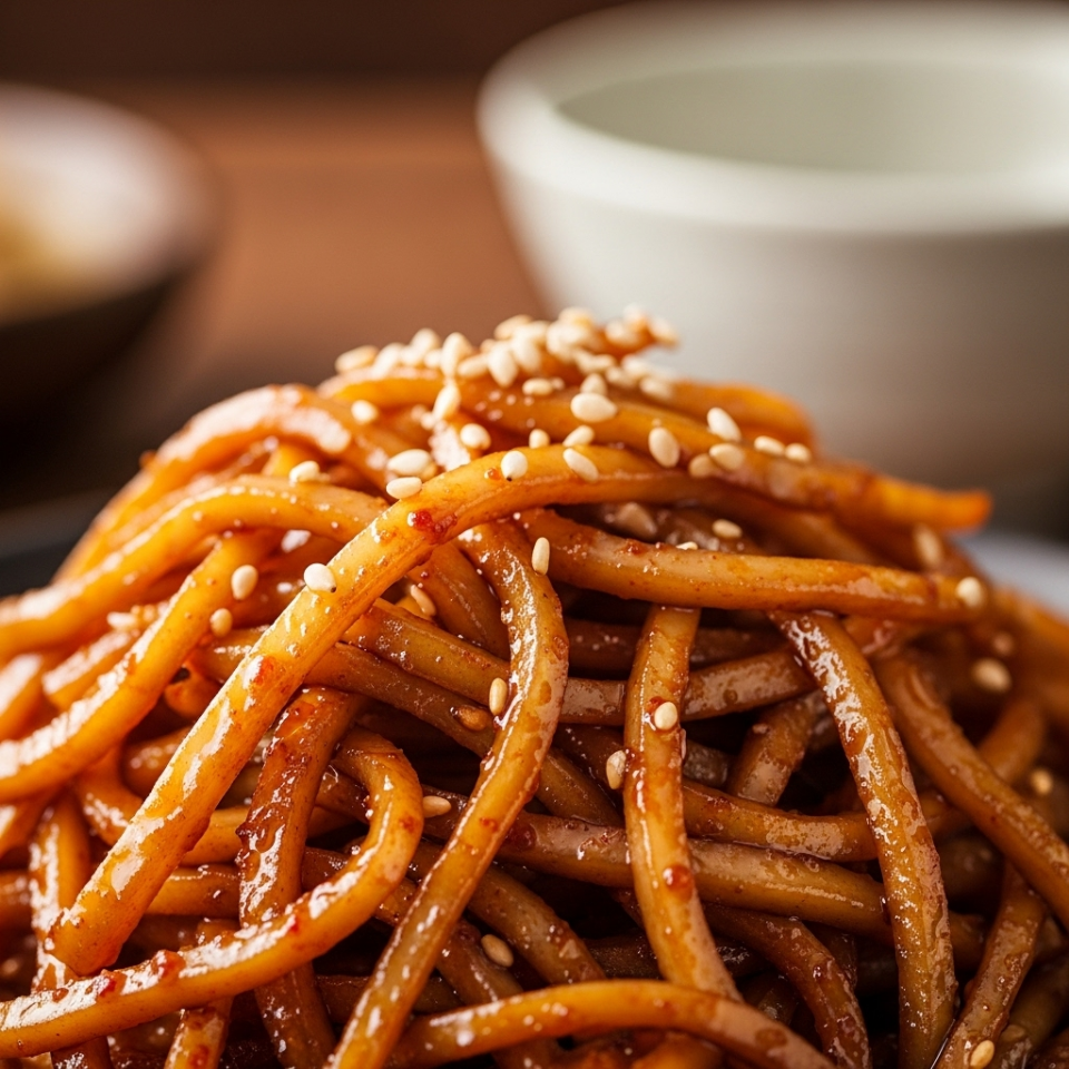 윤기 나는 간장 진미채볶음이 완벽하게 볶아져 클로즈업 된 이미지