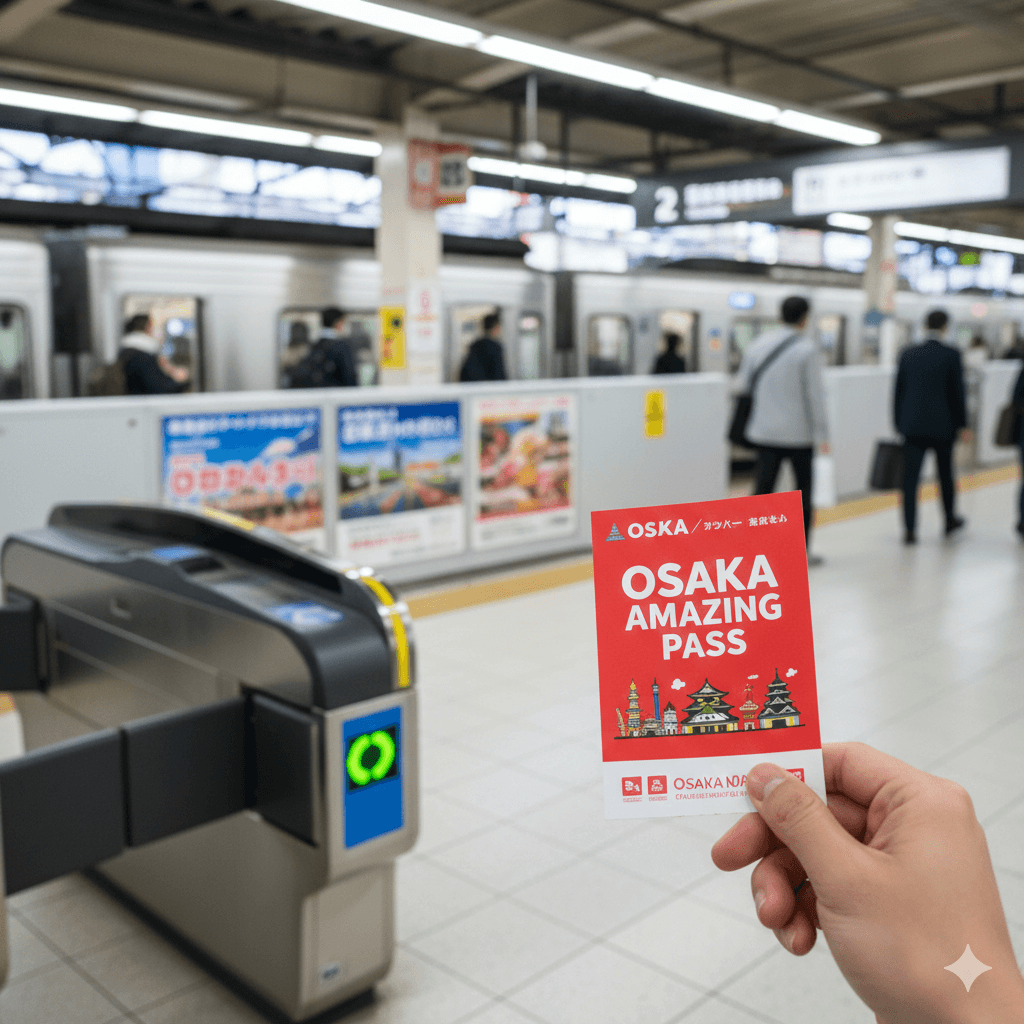 오사카 전철역에서 교통 패스 카드를 들고 있는 이미지