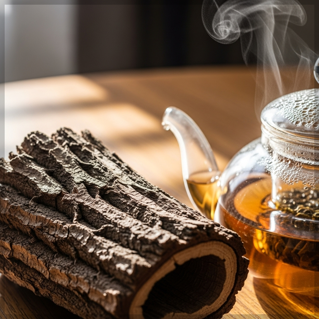 잘 볶아진 두충나무 껍질과 따뜻하게 우려낸 맑은 갈색의 두충차