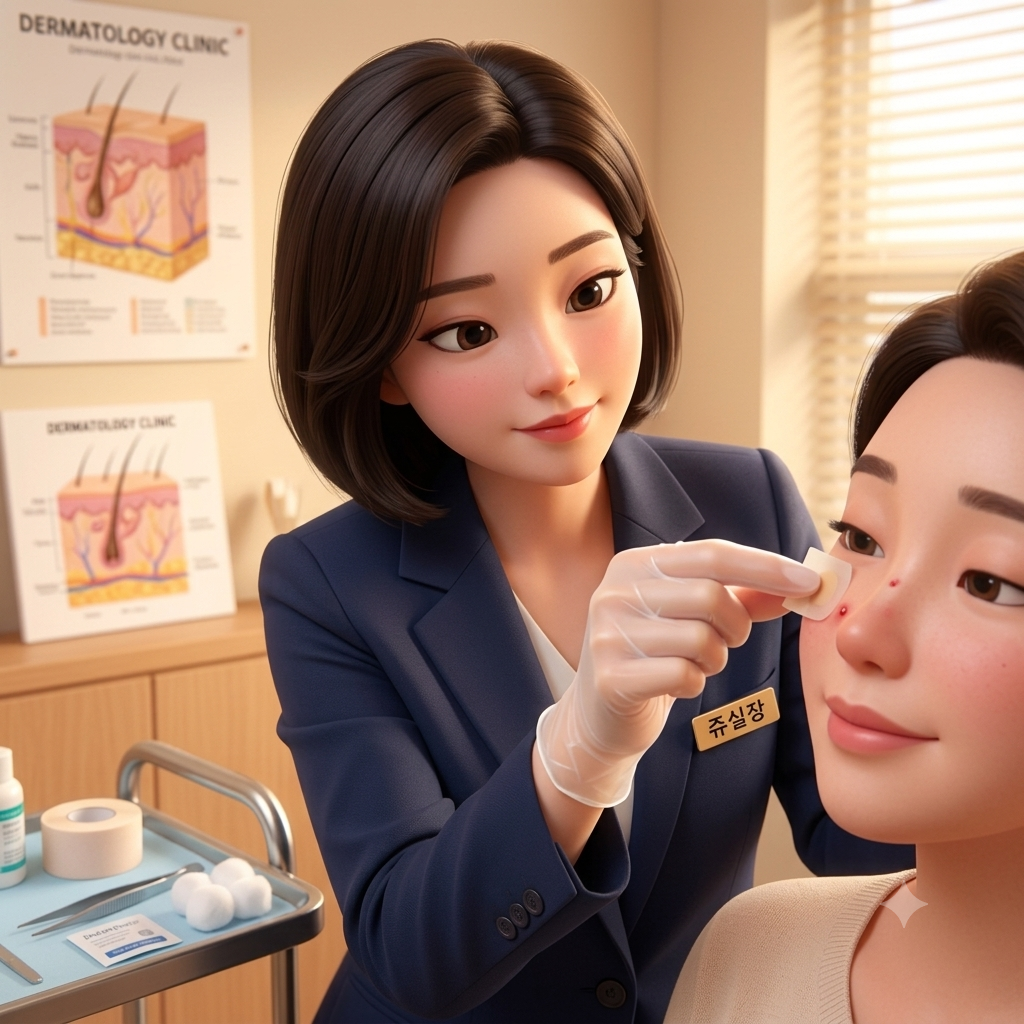 점이나 잡티를 제거한 후 환부 보호를 위해 듀오덤 패치를 올바르게 부착해 주는 피부과 실장 케어 모습