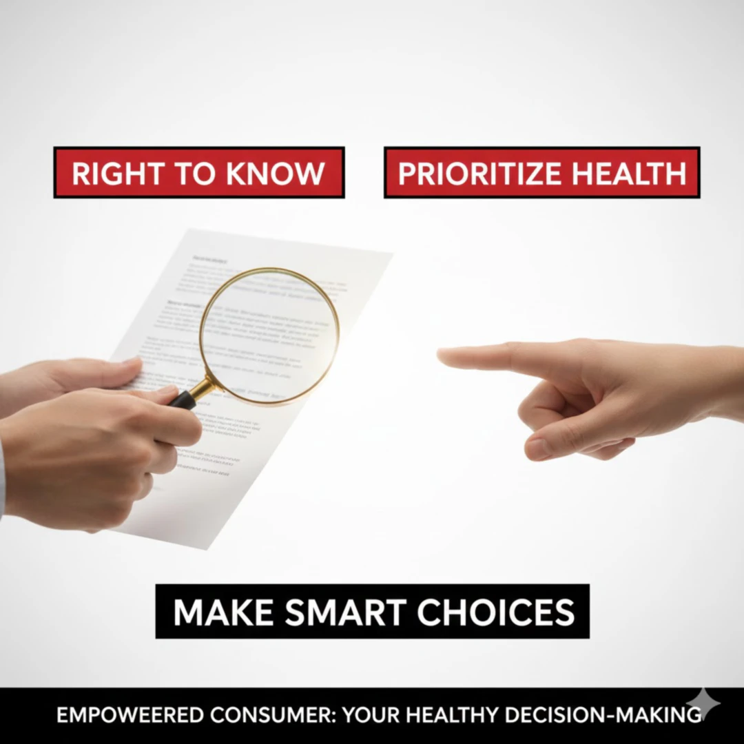 한 손은 정보를 나타내는 돋보기를 들고 있고, 다른 손은 안전한 제품을 선택하는 제스처를 취하는 모습을 그립니다. '알 권리', '건강 우선', '현명한 선택' 등의 문구를 추가하여 메시지를 강화합니다.