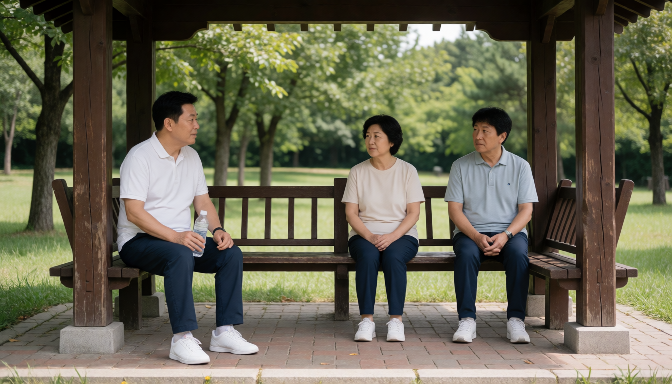 공원 그늘 정자 벤치에 함께 앉아 쉬며 한 사람이 물병을 든 세 참가자
