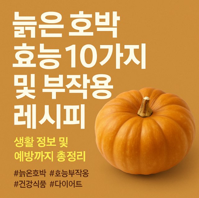 늙은 호박 효능 10가지와 부작용, 레시피 정보를 담은 대표 이미지로 건강 효과와 생활 정보까지 정리한 시각 자료