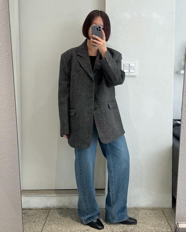 울 헤링본 오버핏 자켓 ( 브라운 그린 )