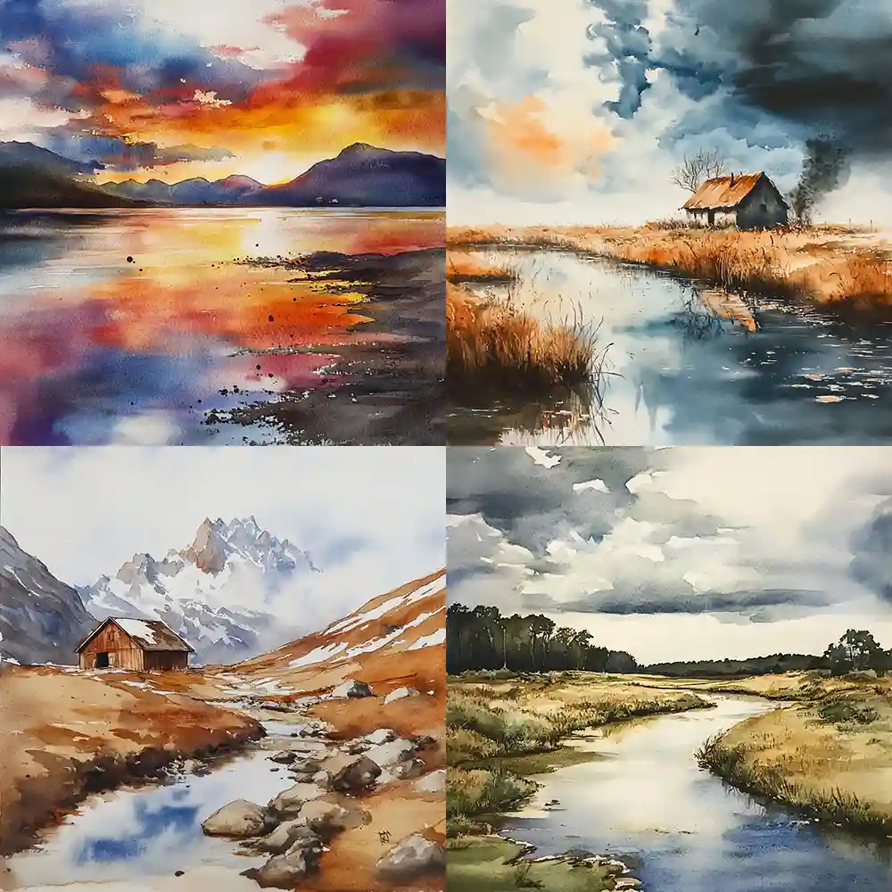 Landscape watercolor painting --no trees