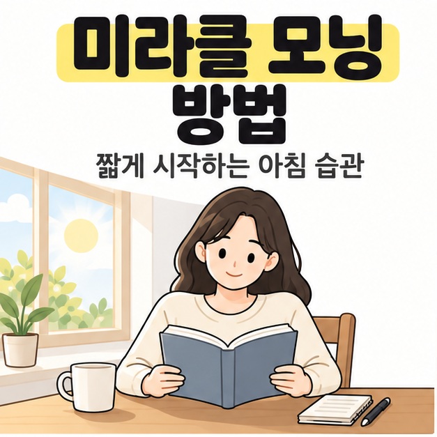미라클 모닝 방법 문구 아래 햇빛이 들어오는 창가 식탁에서 여성이 책을 읽고 옆에 메모장과 펜을 둔 모습