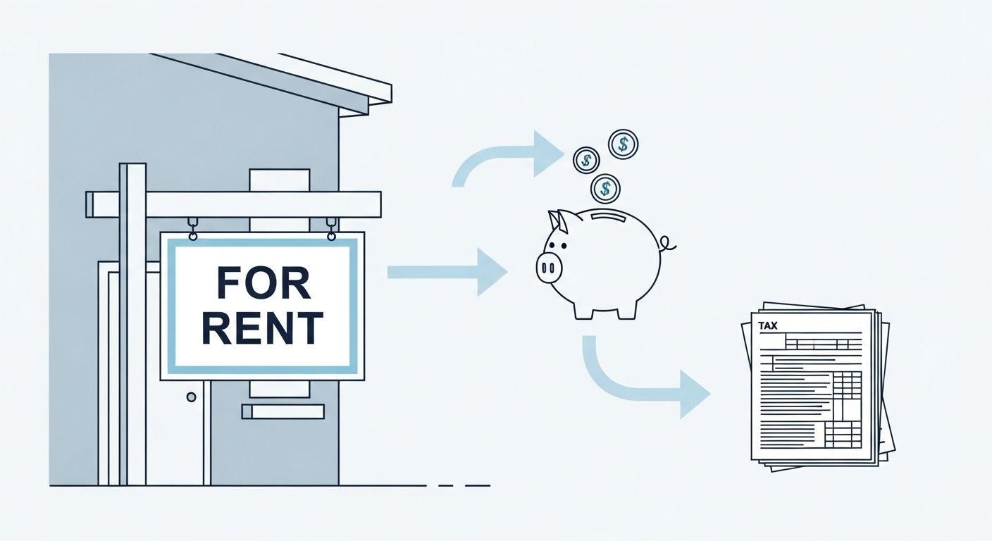 월세 주택과 세금 서류, 저금통이 함께 그려진 일러스트. 2025년 월세 세액공제를 통해 주거비를 절약하는 모습을 표현합니다.