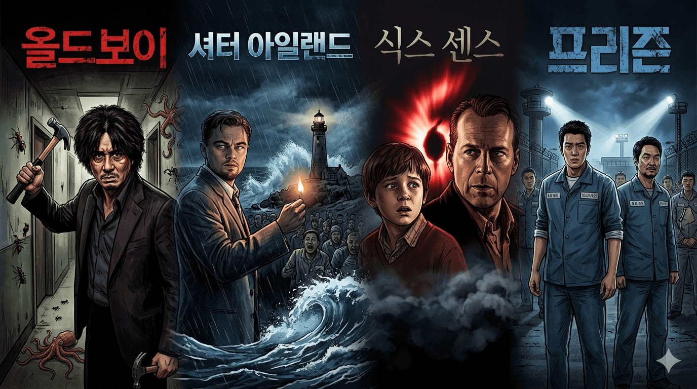 올드보이, 셔터 아일랜드, 식스 센스, 프리즌스 영화 포스터