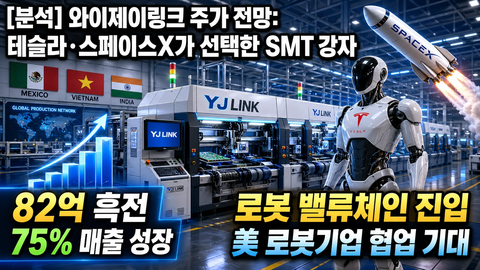 "와이제이링크(YJ LINK)의 스마트 팩토리 SMT 생산 라인 전경을 담은 인포그래픽 이미지. 이미지 상단에는 '[분석] 와이제이링크 주가 전망: 테슬라&middot;스페이스X가 선택한 SMT 강자'라는 한글 텍스트가 적혀 있다. 왼쪽 하단에는 '82억 흑전', '75% 매출 성장'이라는 문구와 함께 상승하는 3D 막대그래프가 시선을 끈다. 중앙의 YJ LINK 자동화 장비 위로는 테슬라(Tesla) 로고와 스페이스X(SpaceX) 로고가 떠 있고, 장비 옆으로 인조 인간 로봇(휴머노이드)이 서 있다. 우측 하단에는 '로봇 밸류체인 진입', '美 로봇기업 협업 기대'라는 문구가 있어 와이제이링크의 미래 성장 동력을 강조한다. 배경에는 멕시코, 베트남, 인도 국기가 걸려 있어 글로벌 생산 거점을 보유했음을 보여준다. 전체적으로 파란색과 주황색의 미래지향적인 조명을 사용했다."
