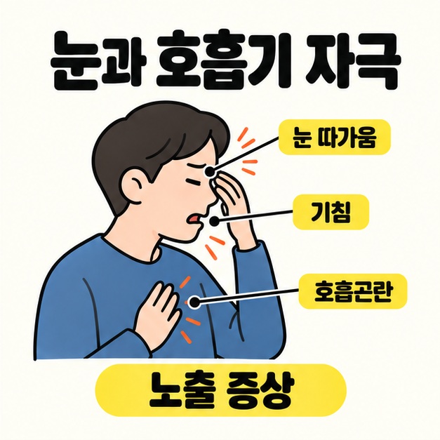 눈과 가슴에 손을 댄 인물에 눈 따가움, 기침, 호흡곤란을 표시하고 눈과 호흡기 자극 및 노출 증상 문구를 넣은 그림