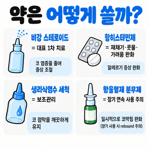 비강 스테로이드 항히스타민제 생리식염수 세척 항울혈제 분무제의 역할과 주의점을 정리한 이미지