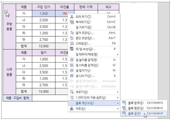 한글 표 계산식 표 합계