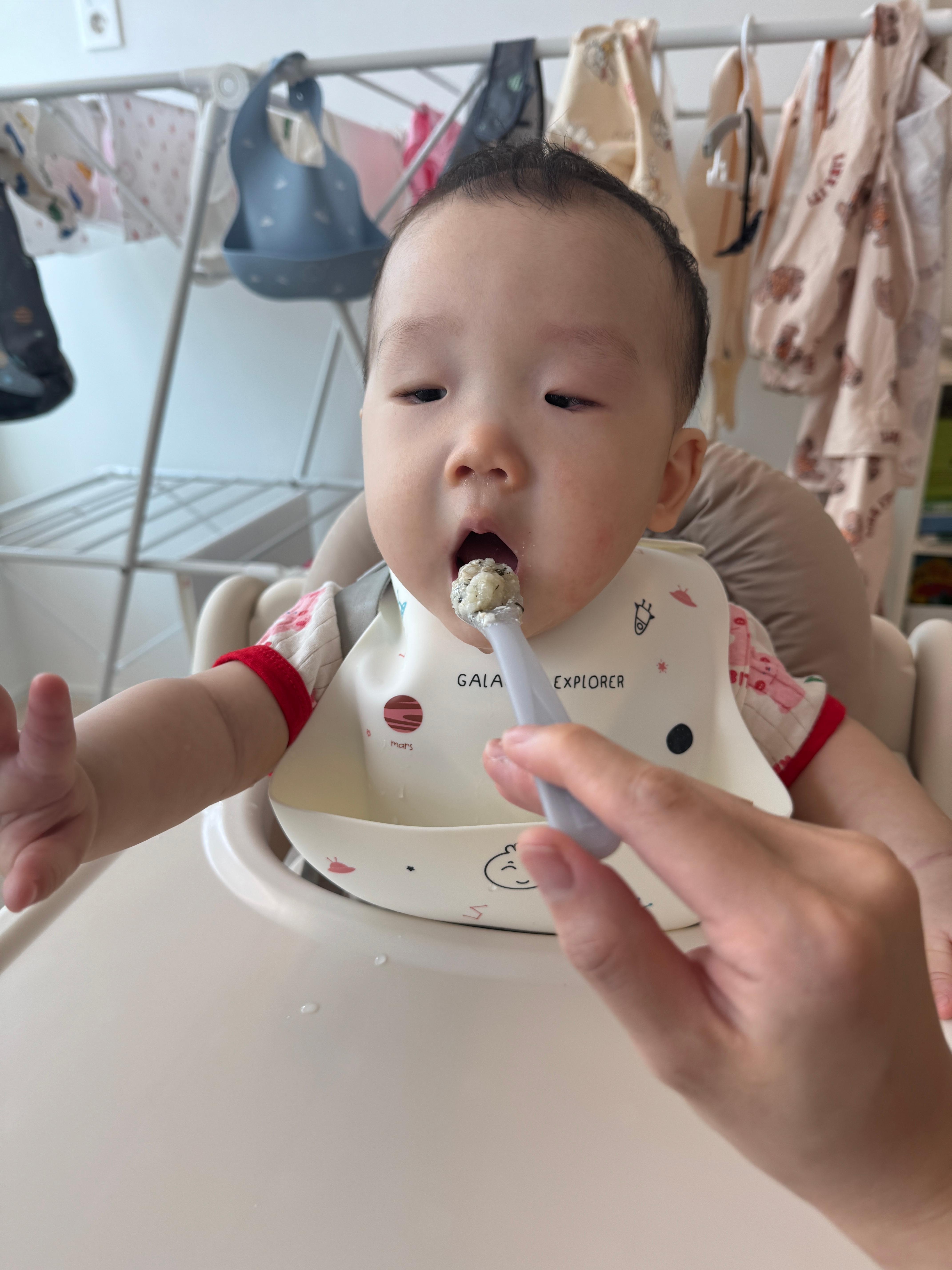 닭고기비타민양파죽을 숟가락으로 받아먹고 있는 9개월 아기