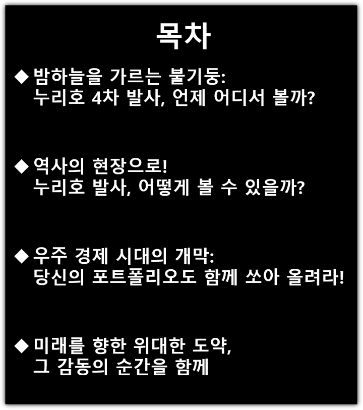 누리호 4차 발사 날짜 및 시간, 관람명소 추천, 관람 신청 방법, 대장주, 관련주, 수혜주 목차