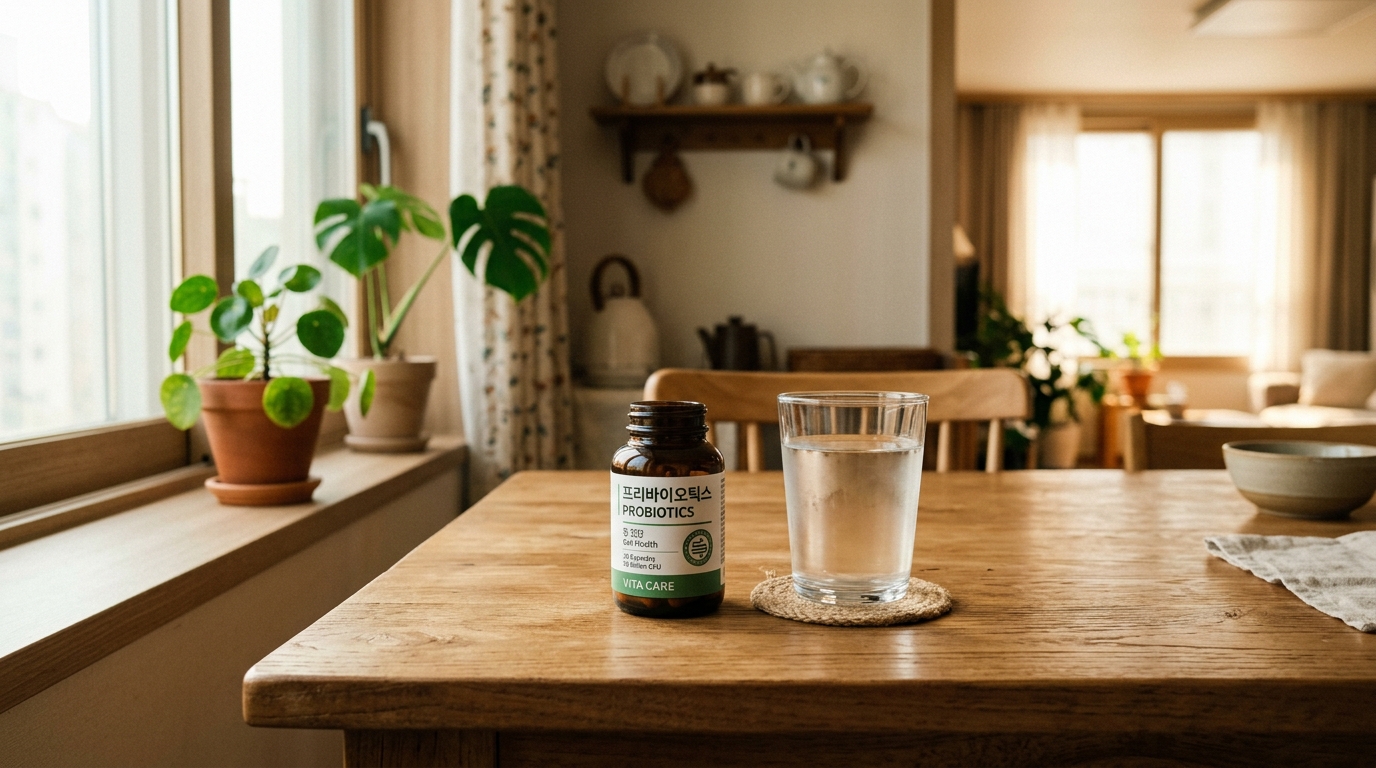 식탁 위에 유산균 제품과 물컵이 놓여 있는 올바른 복용 준비 장면