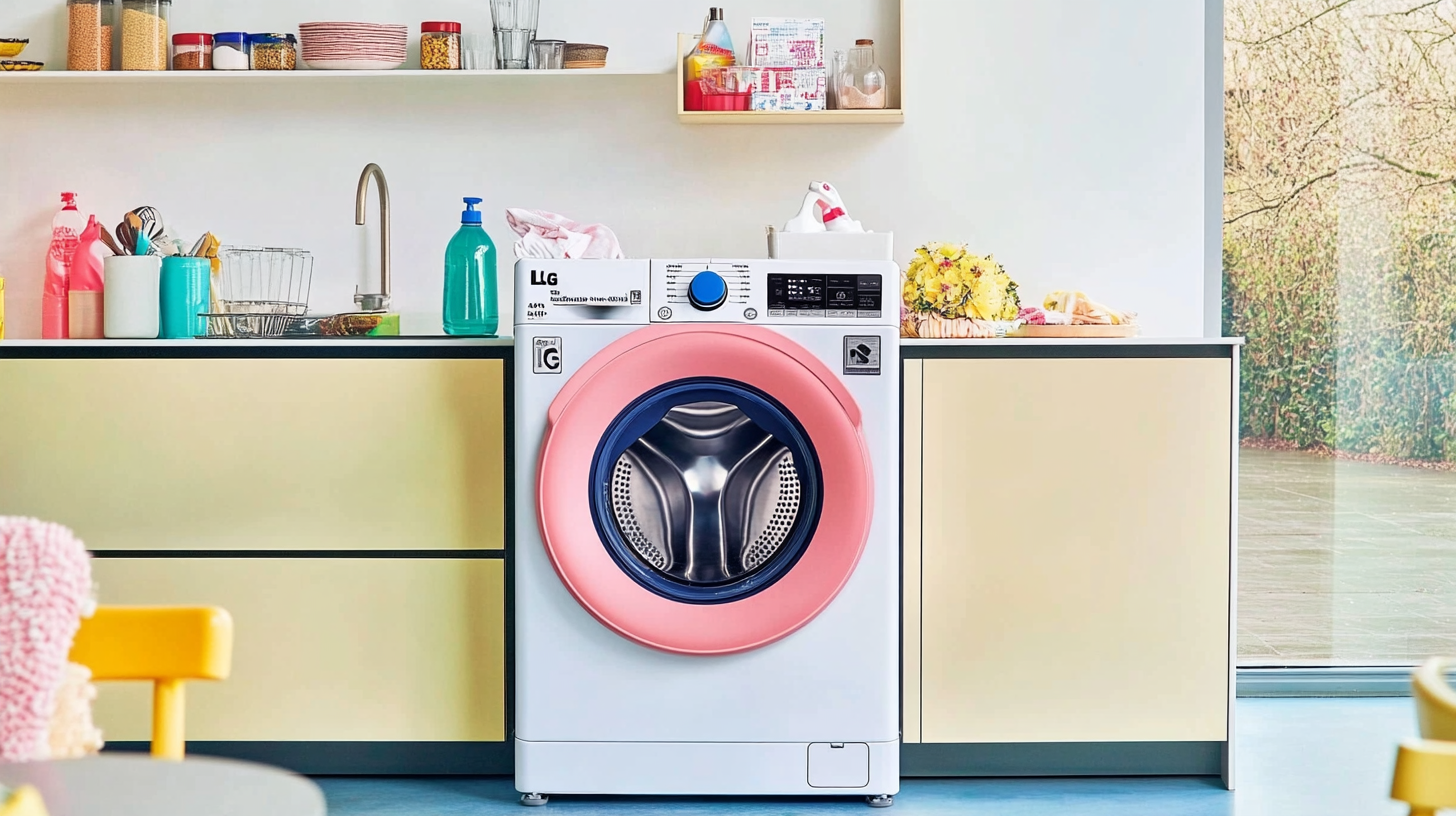 밝은 주방에서 세련된 디자인과 최첨단 AI 기능을 갖춘 모던한 LG 세탁기의 모습