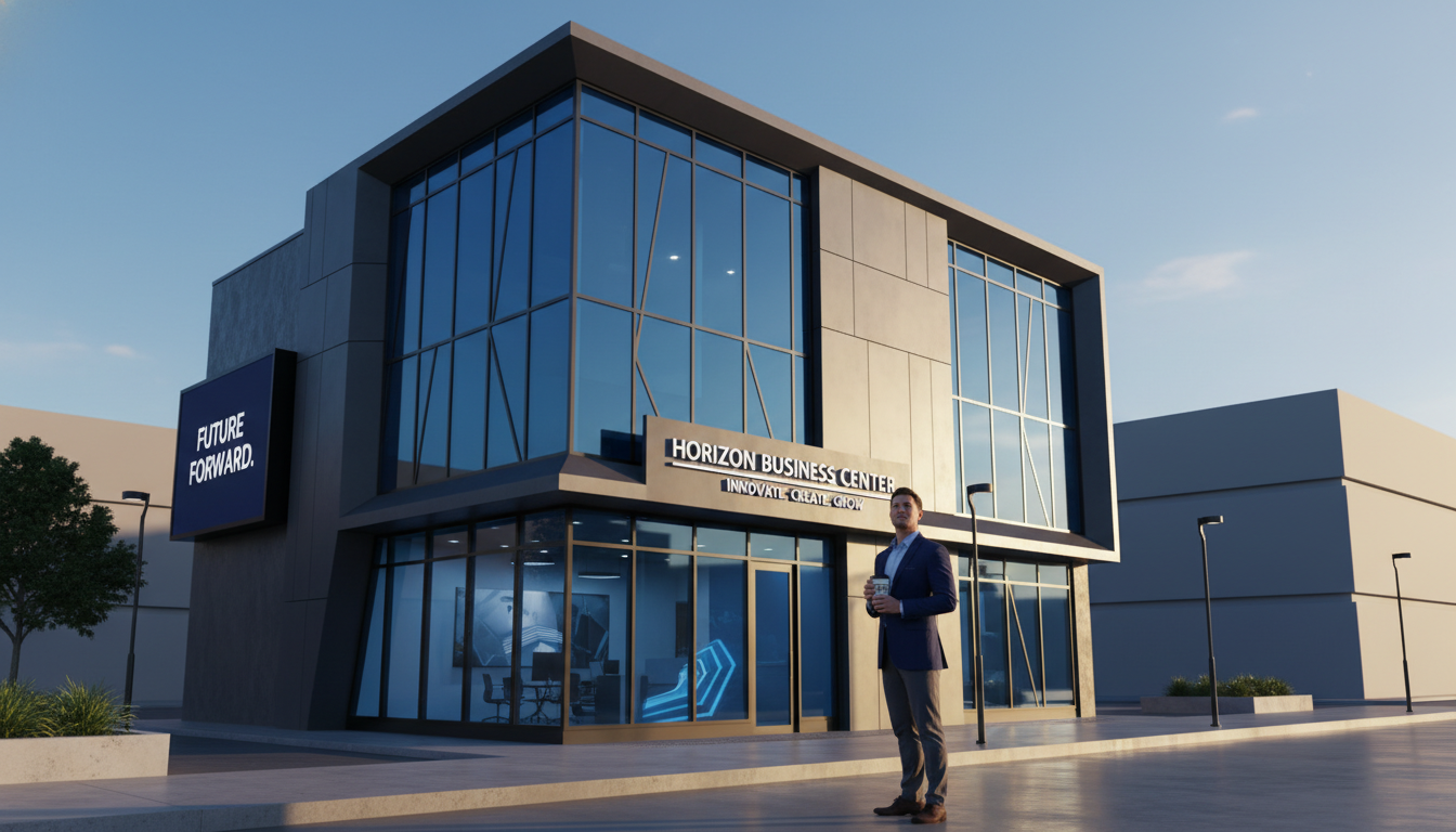 도심 속 현대적인 꼬마빌딩을 자신감 있게 바라보는 직장인