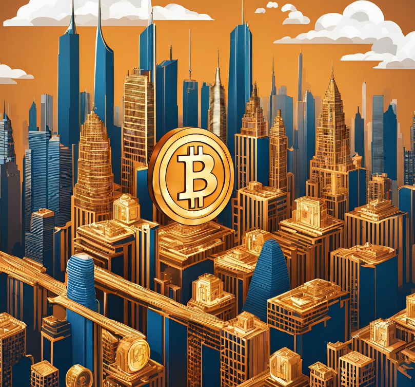 빌딩 숲 가운데 있는 비트코인 동전