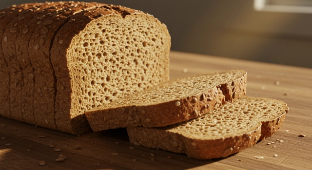 나무 테이블 위에 놓인 통밀빵 단면 클로즈업