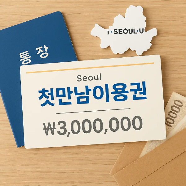 첫만남이용권 300만원 바우처, 서울시 지도 종이, 통장, 현금이 함께 놓인 구성의 사물 중심 이미지, 텍스트 없음