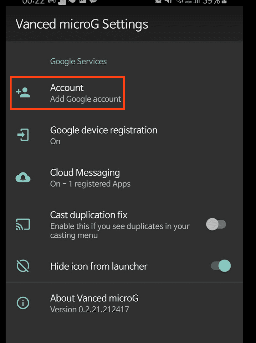 microG 앱에서 계정을 추가하는 안내 이미지