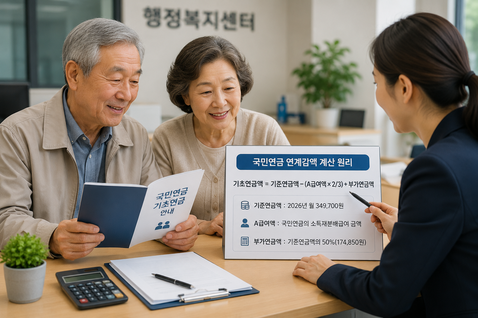 국민연금과 기초연금 상담을 받는 노부부와 공무원의 모습