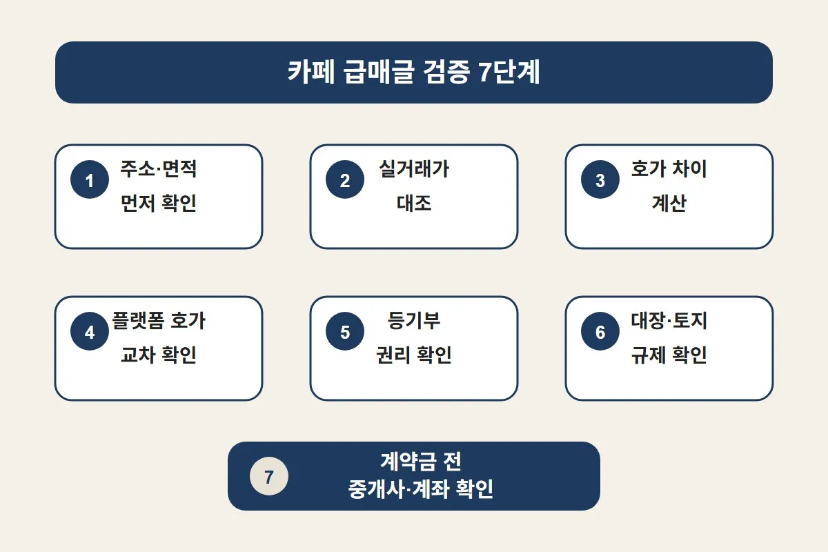 급매물 카페에서 진짜 급매 찾는 법을 계약금 전 점검할 수 있도록 주소, 실거래가, 등기부, 계좌 확인 순서로 정리한 이미지