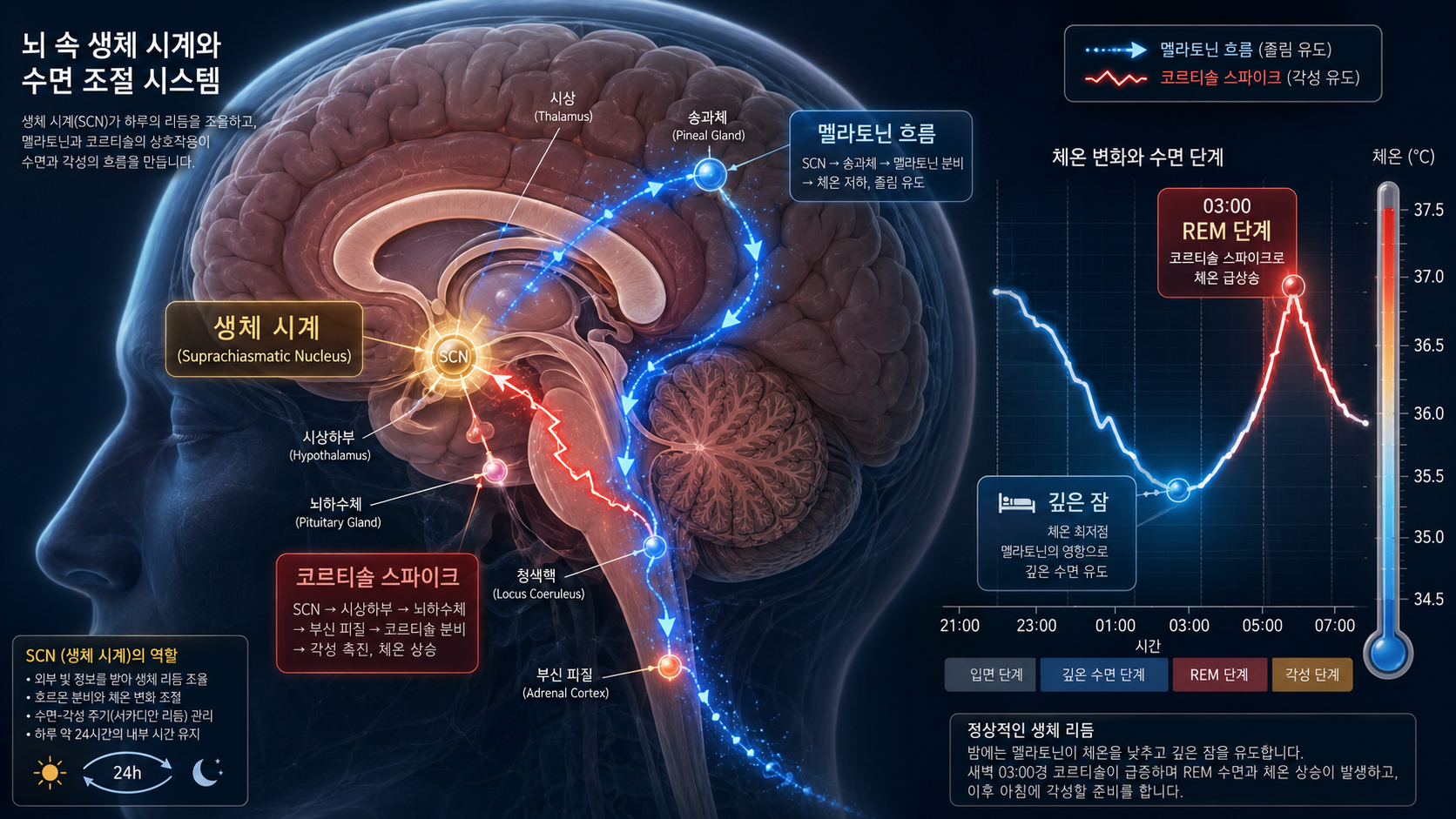 뇌 속 생체 시계인 시교차상핵 SCN의 멜라토닌 흐름과 코르티솔 스파이크 수면 조절 시스템 및 새벽 03:00 REM 단계 체온 변화 그래프 의학 인포그래픽