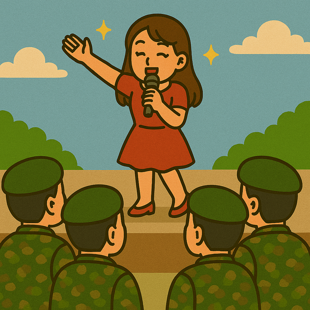 군대에서 위문공연을 보고 있는 군인들의 모습이다