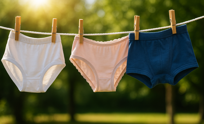 햇볕 아래 빨래줄에 걸린 속옷들 사진