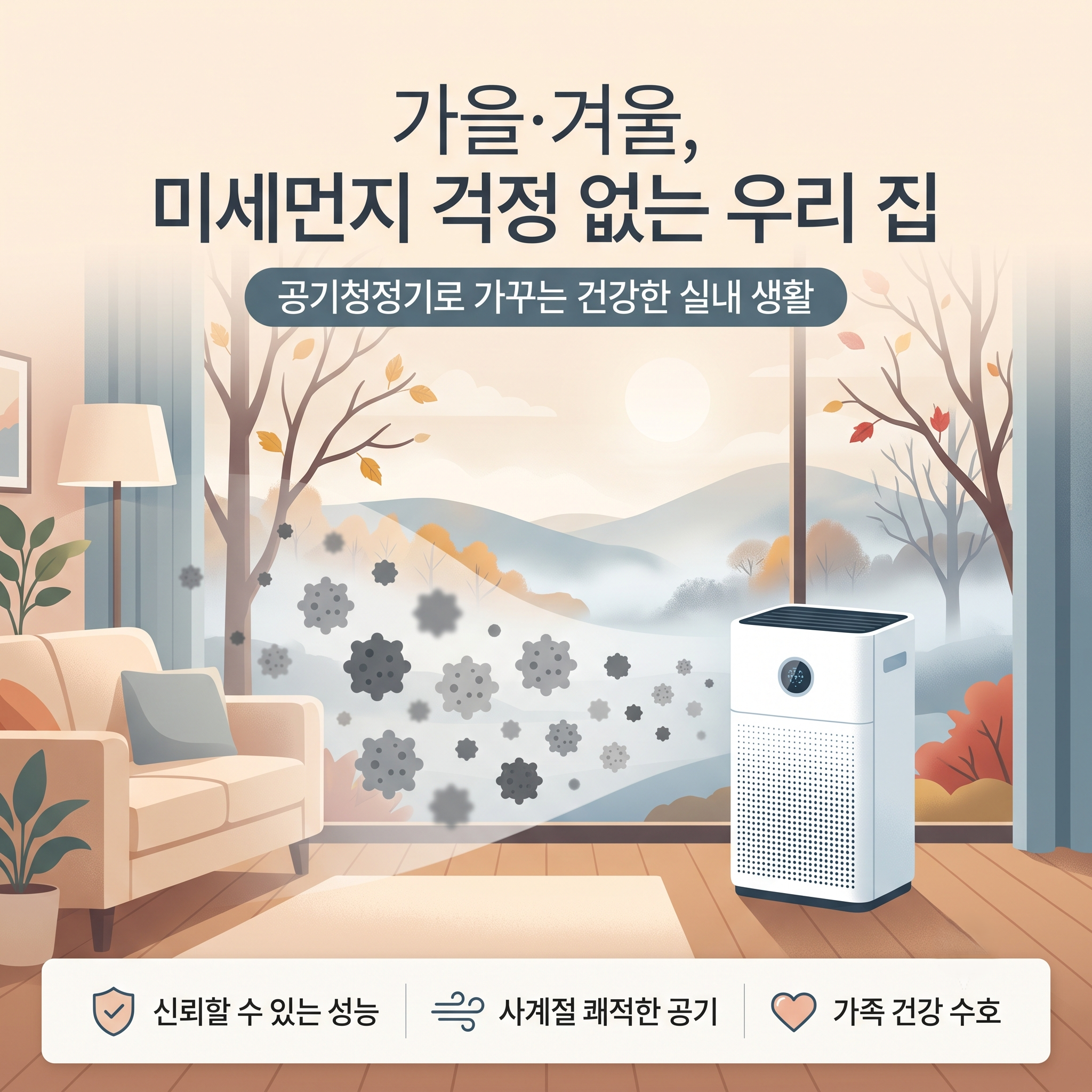 가을 겨울철 미세먼지와 공기청정기를 표현한 대표 이미지