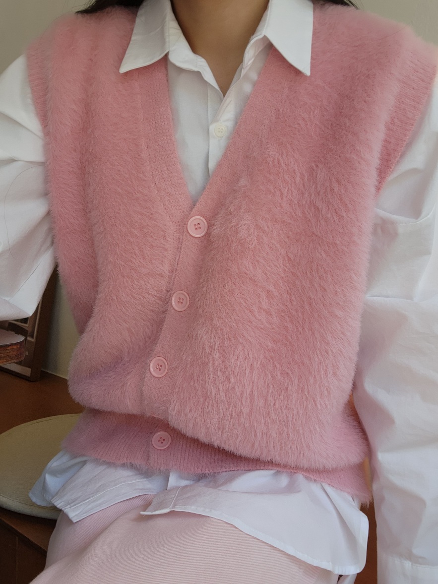 여성 가을 겨울 베스트 브이넥 니트 앙고라 털 조끼 4color