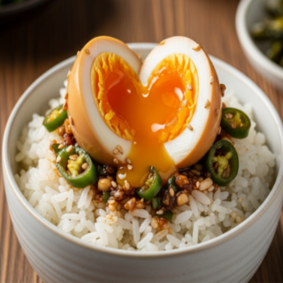 윤기 나는 간장 계란장이 올려진 밥 한 공기