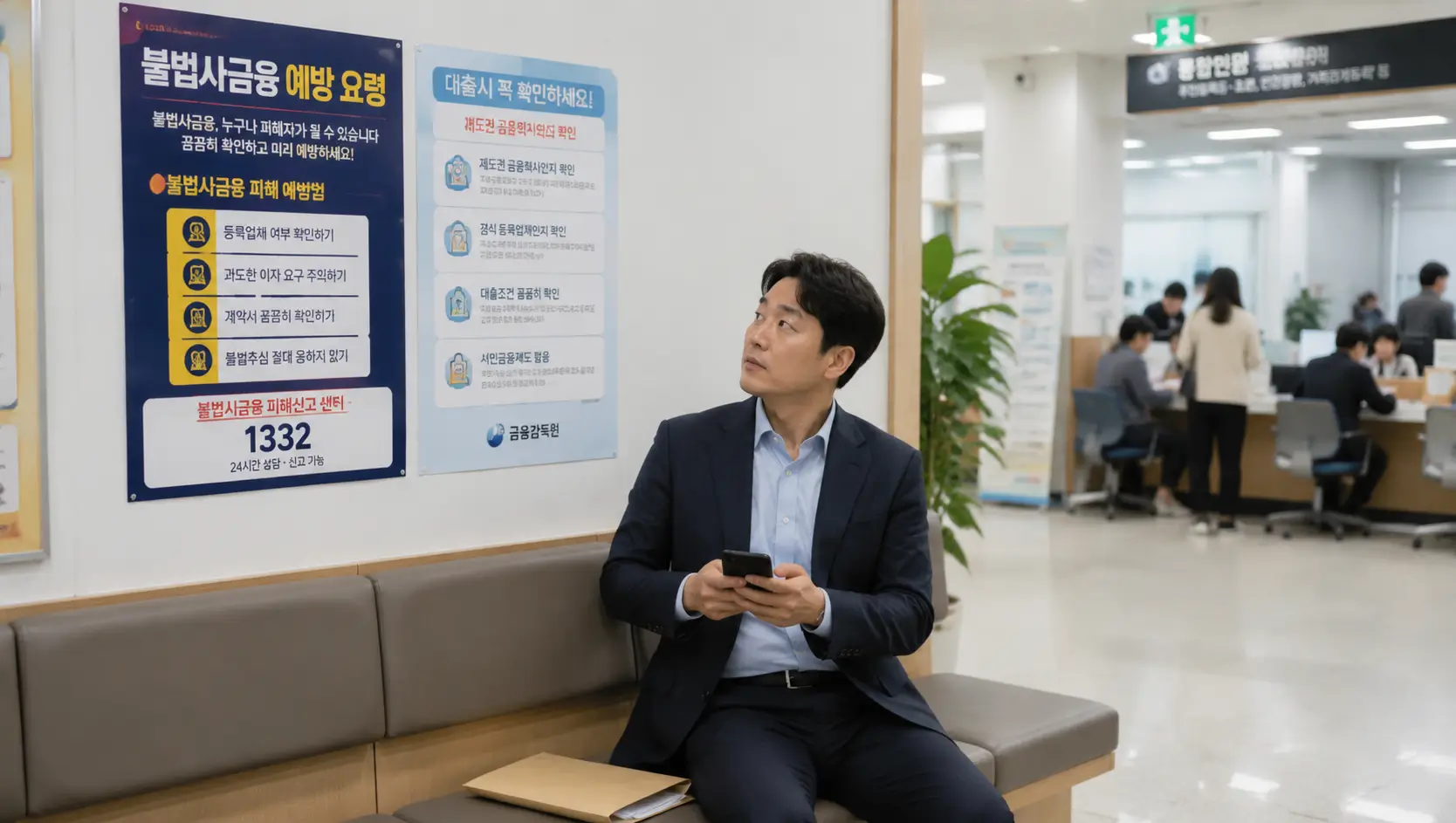 한국의 관공서 내부 민원인 대기석에서 안내 팸플릿과 함께 스마트폰으로 정식 등록 대부업체 여부를 검증하는 모습