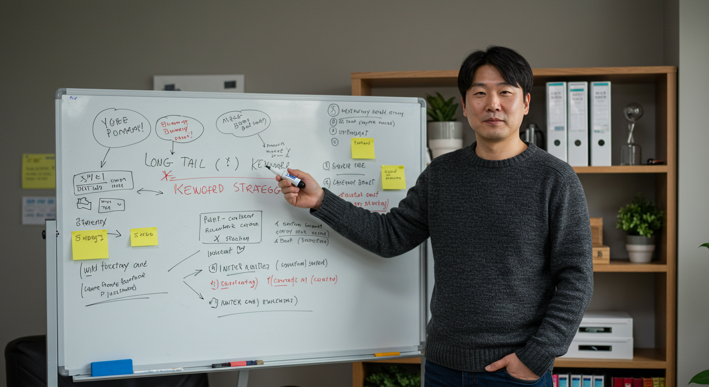 alt="롱테일 키워드 전략을 설명하는 블로거"