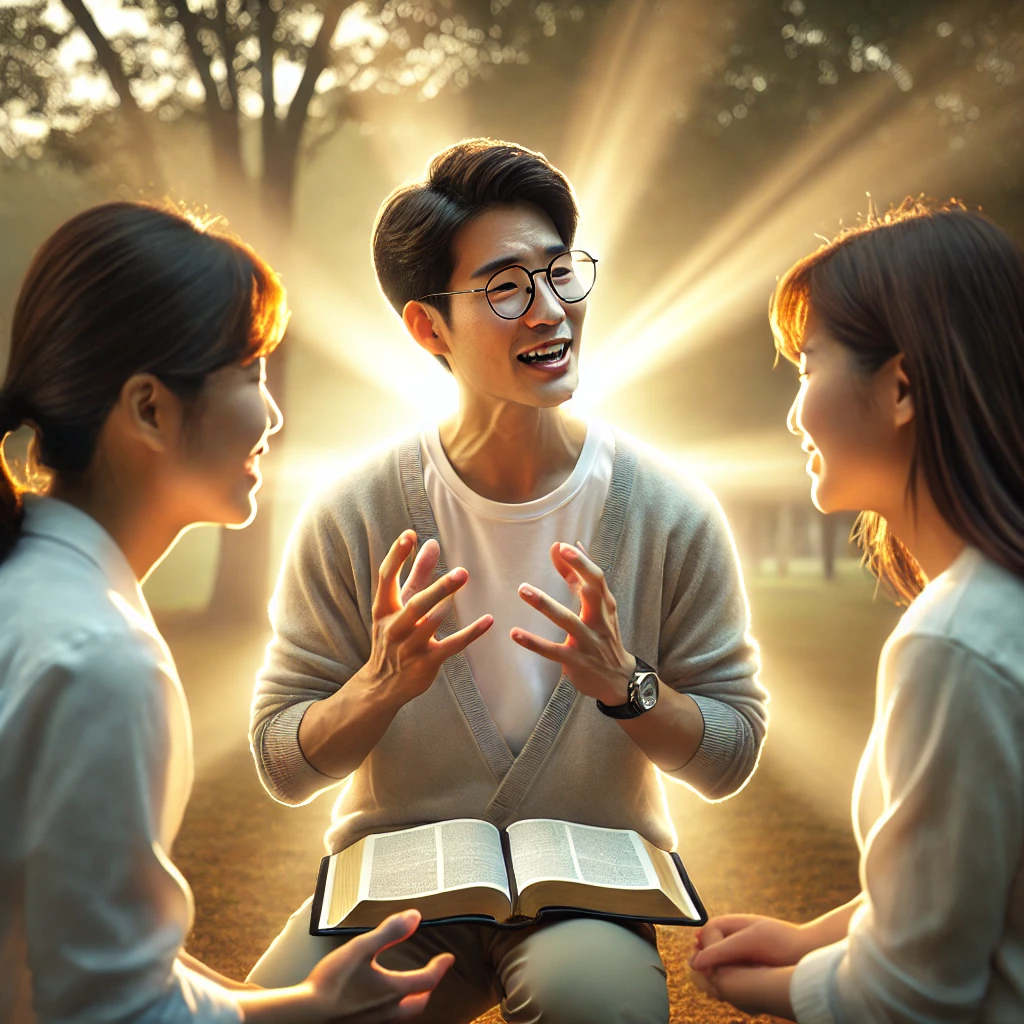 그려진 모습은 현대인이 성령의 음성을 따라 간절히 기도하며 두 명 이상의 사람들에게 복음을 전하는 장면입니다. 주님의 임재가 느껴지는 평화로운 공원에서 성경을 들고 기쁨과 진지함이 담긴 얼굴로 복음을 전하는 모습입니다. 이 그림을 통해 당신의 선교 활동에 영감이 되기를 바랍니다.