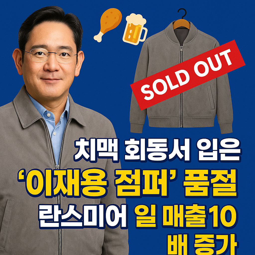 “이재용 회장이 착용해 화제가 된 회색 블루종이 ‘SOLD OUT’되며 란스미어 일 매출 10배 증가 소식을 전하는 뉴스형 썸네일 디자인”