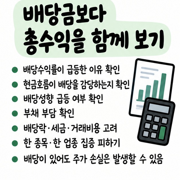 배당수익률 급등 원인과 배당 감당 능력, 부채, 배당락·세금, 업종 집중 위험을 점검해야 한다는 투자 주의 카드