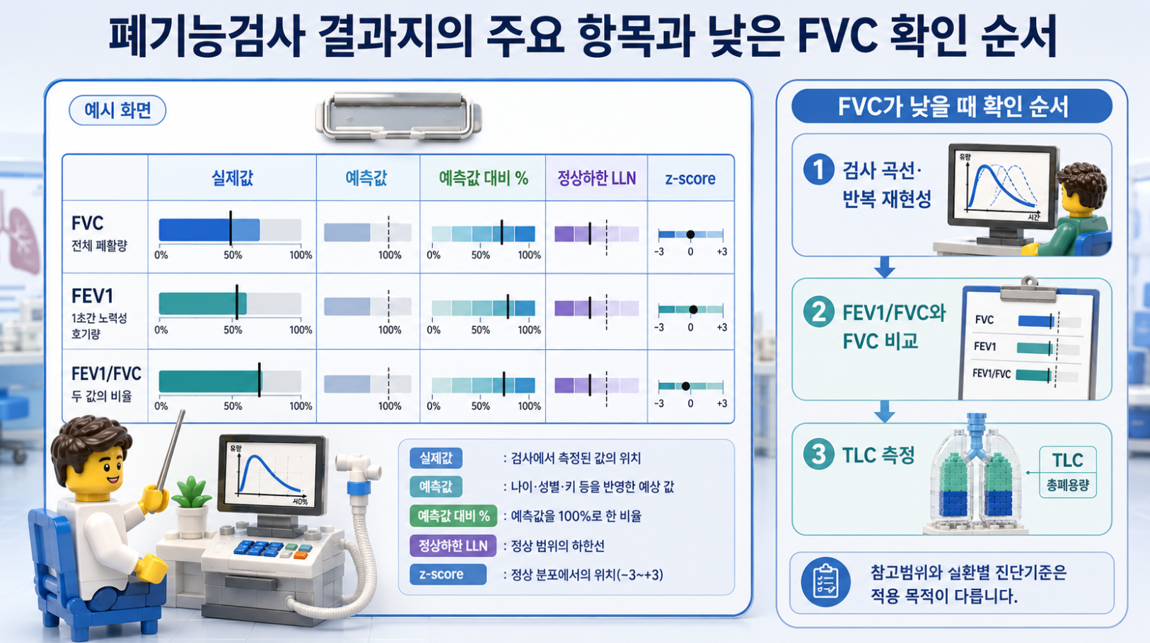 폐기능검사 결과지의 주요 항목과 FVC가 낮을 때 확인 순서를 설명한 의료 인포그래픽