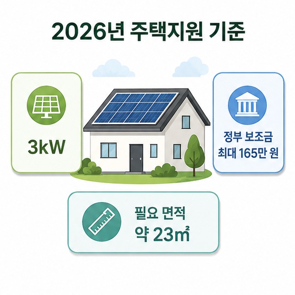 2026년 단독주택 3kW 태양광의 정부 보조금 최대 165만 원과 약 23㎡의 설치면적을 정리한 이미지
