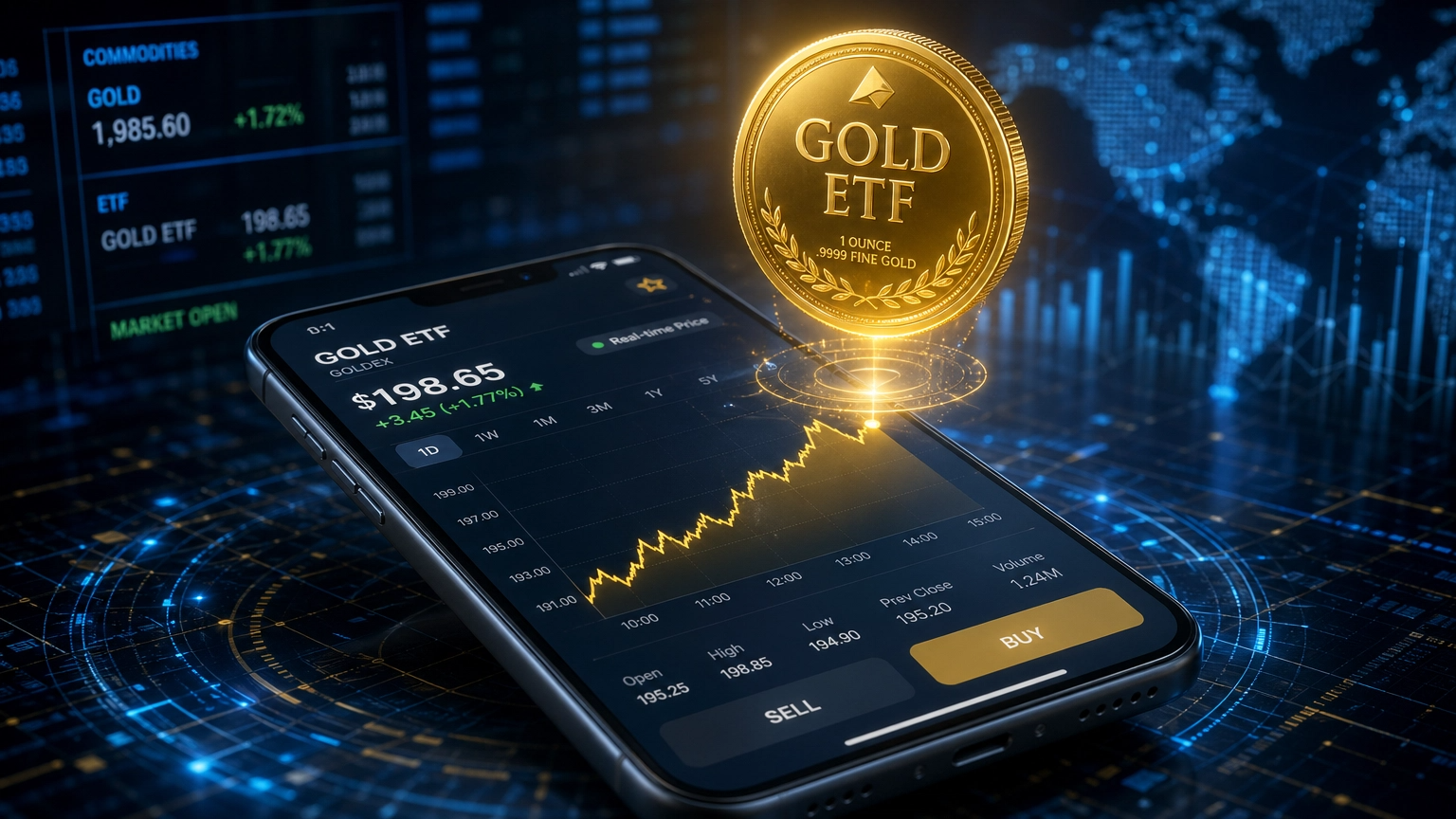 증권사 앱을 통해 주식처럼 실시간으로 금 ETF를 거래하는 모습을 담은 일러스트