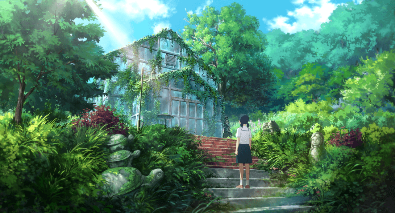 유리 정원 앞 계단에 서있는 소녀의 뒷모습